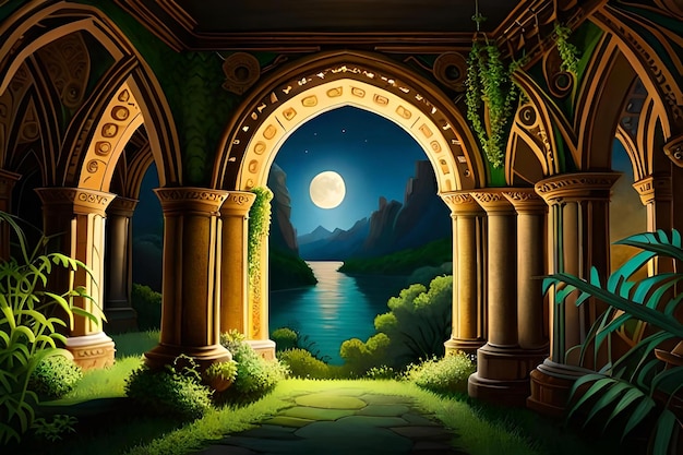 A luz da lua banha uma antiga ruína coberta de vegetação num brilho místico.