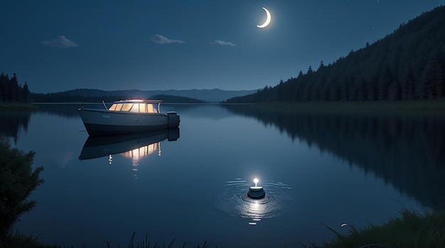 A luz da lua refletindo na água do lago e um barco flutuando no lago