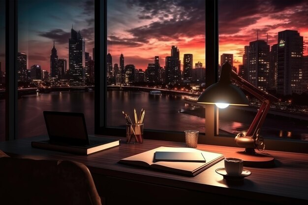 Foto a luz da paisagem urbana sobre a mesa do escritório álbum de fotos premium