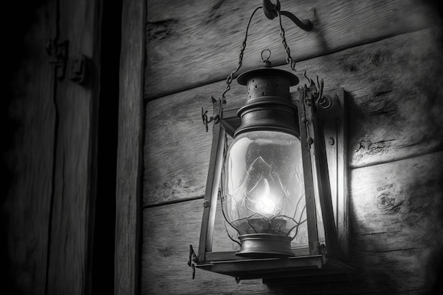 A luz de querosene vintage com vidro empoeirado pendurado na velha porta de madeira da fazenda França foto antiga Branco e preto