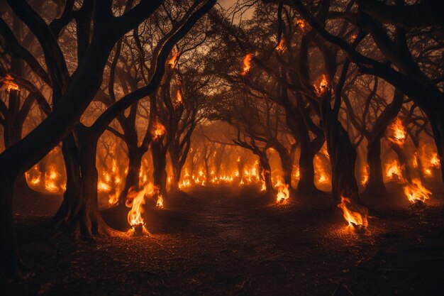 A luz do fogo lançando formas assustadoras nas árvores circundantes