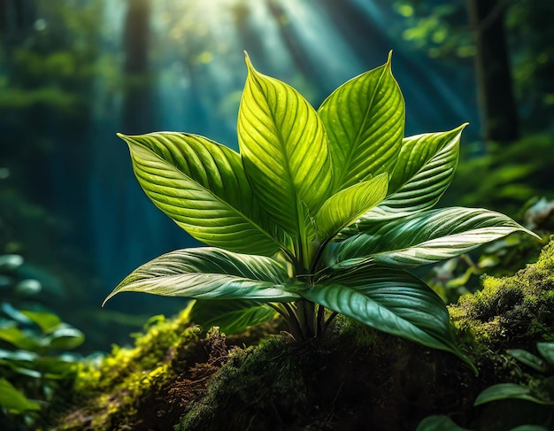 A luz do sol acaricia uma planta jovem numa floresta exuberante