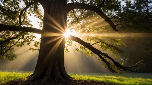 A luz do sol atravessa uma árvore majestosa num prado sereno.