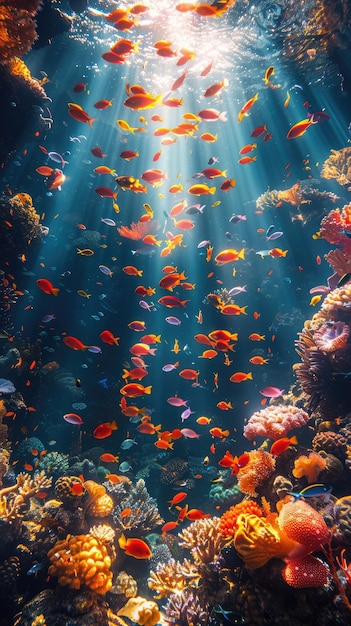 A luz do sol atravessando a vida marinha subaquática vibrante Background para o Instagram Story Banner