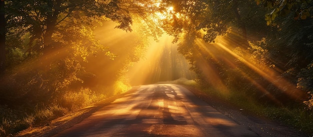 Foto a luz do sol atravessando as árvores ao longo da estrada