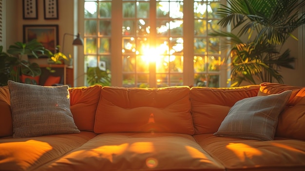 Foto a luz do sol atravessando as janelas da sala de estar
