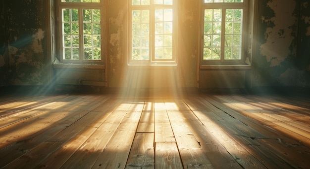 A luz do sol atravessando as janelas de um quarto abandonado.