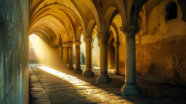 A luz do sol atravessando o antigo corredor do claustro.