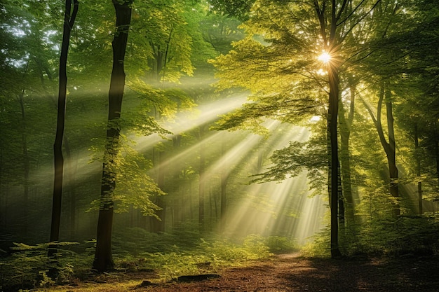 A luz do sol atravessando os galhos de uma floresta densa