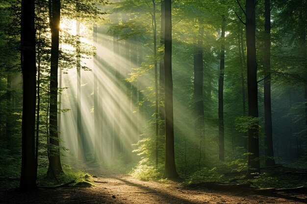 A luz do sol atravessando os galhos de uma floresta densa