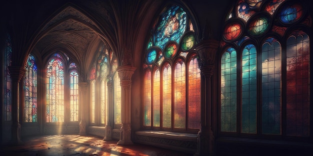 A luz do sol brilha através de vitrais altos na igreja