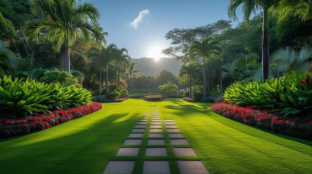 A luz do sol brilha sobre um jardim tropical e grama verde