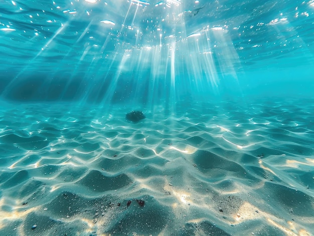 A luz do sol brilhando através da água azul no fundo arenoso do oceano