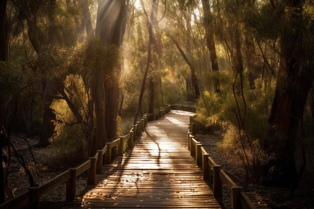 A luz do sol brilhando através das árvores no caminho de patos