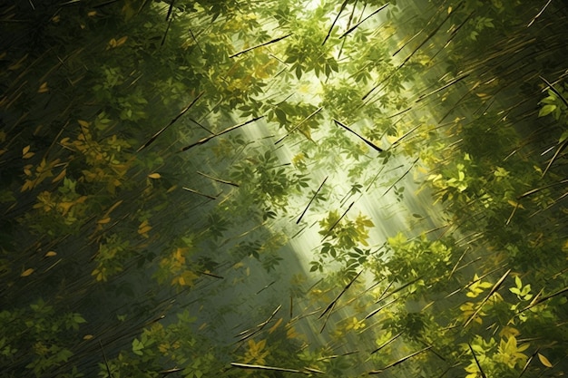 a luz do sol brilhando através das árvores no chão da floresta gera IA