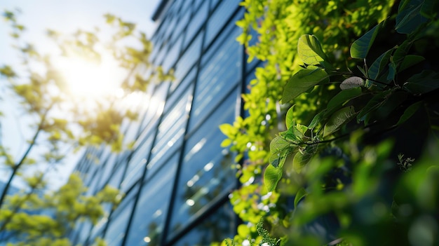 A luz do sol brilhando através de folhas verdes por um edifício de vidro