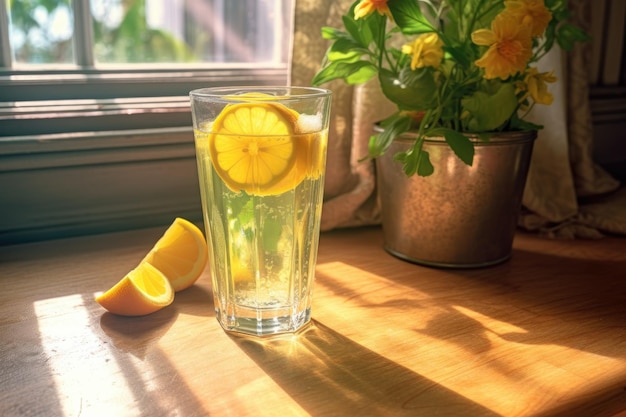 A luz do sol brilhando através de um copo de limonada criado com AI gerativa