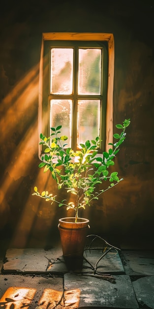 A luz do sol brilhando através de uma janela em uma planta em vaso