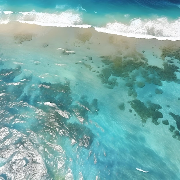 A luz do sol brilhando na superfície e sob a onda azul do oceano com águas limpas no verão