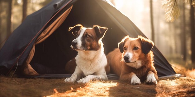 A luz do sol brilhando sobre os cães na barraca na floresta Criado com tecnologia de IA generativa