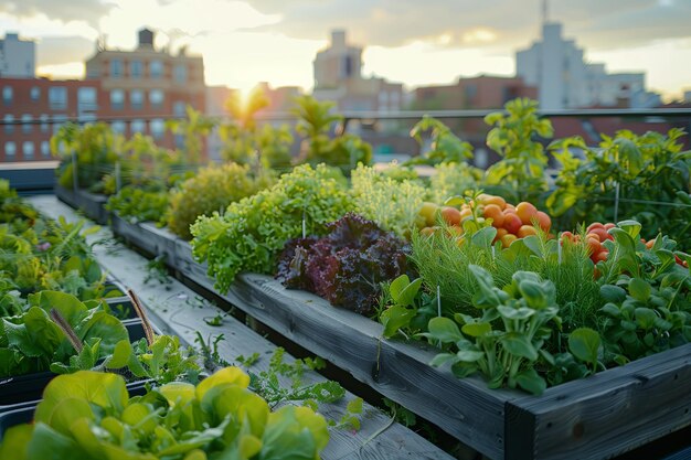 A luz do sol da hora dourada banha um jardim urbano comestível em um telhado criando uma atmosfera quente e convidativa