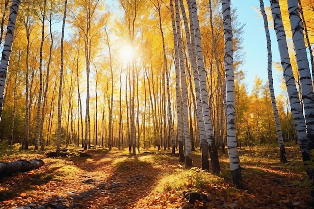 A luz do sol dourada dança através das bétulas do outono, um impressionante espetáculo amarelo-alaranjado