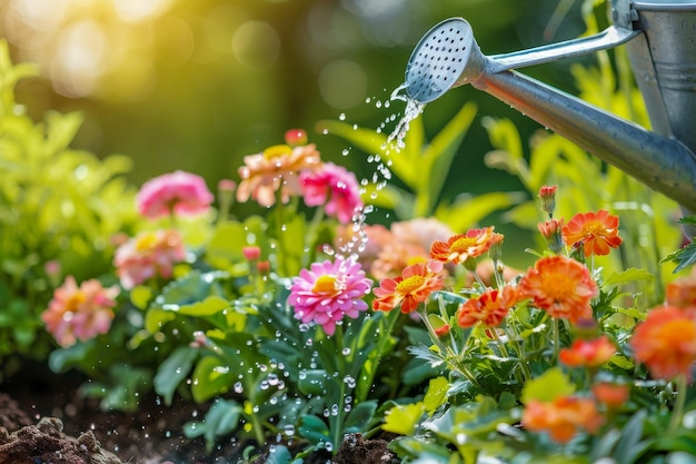 A luz do sol filtra através de uma cena de jardim onde uma lata de água nutre um leito de flores vívidas capturando a essência do crescimento primaveral