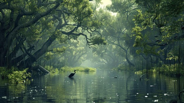 A luz do sol filtrando através da densa floresta de mangue Filtros dramáticos de luz solar através da folhagem densa de uma floresta de Mangue criando uma via fluvial serena e encantadora