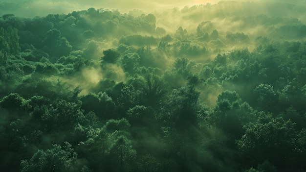 A luz do sol fluindo através de uma floresta verde pacífica A luz do Sol da manhã cedo flui através de uma selva verde pacífica criando uma atmosfera calmante e rejuvenescente