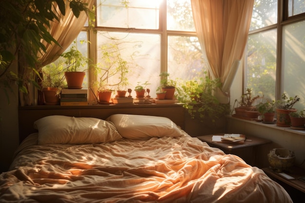 Foto a luz do sol fluindo para uma cama aconchegante e bem feita