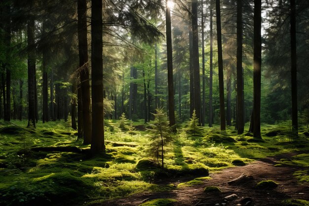 A luz do sol fluindo para uma clareira sempre verde