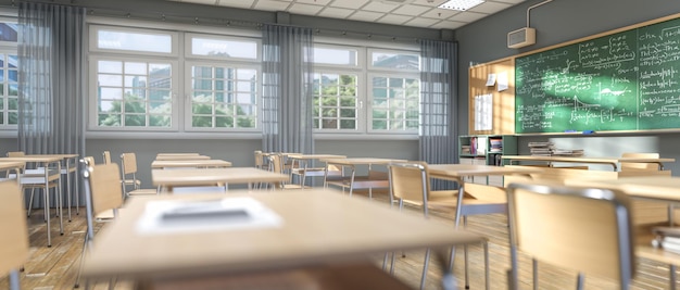 A luz do sol ilumina uma sala de aula vazia 3D