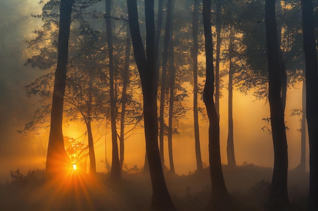 A luz do sol passa por galhos de árvores da floresta enevoada