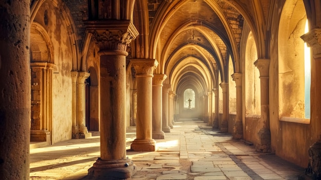 A luz do sol quente filtra-se através do corredor arqueado de um antigo mosteiro.