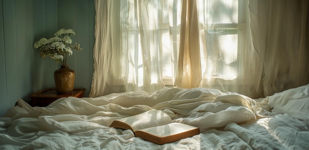 A luz do sol quente fluindo na cama com um livro e um vaso rústico na mesa lateral