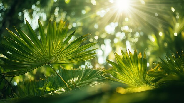 A luz do sol radiante num cenário perfeito de vegetação tropical e jardins de palmeiras verdejantes