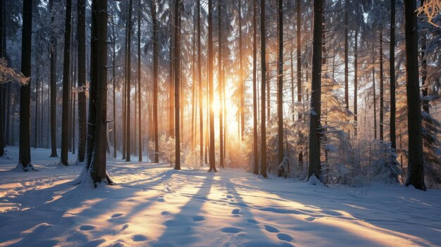 A luz do sol se filtra através das árvores cobertas de neve