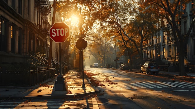 A luz do sol se filtra através das folhas de outono em uma rua tranquila da cidade com um sinal de parada lançando longas sombras