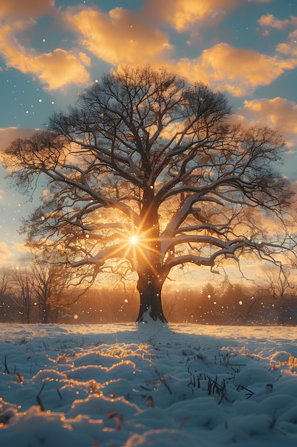 A luz do sol se filtra através dos galhos de árvores cobertos de neve sob um céu limpo