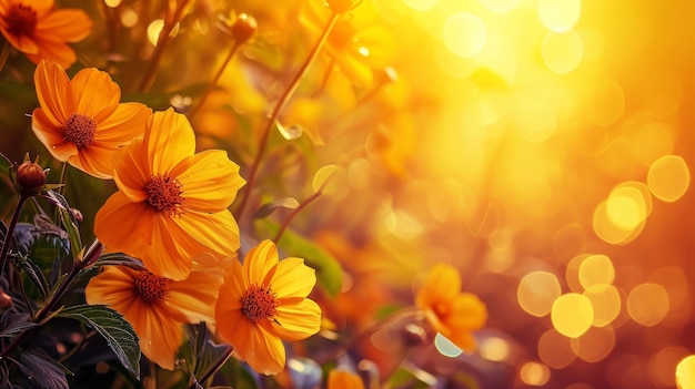 A luz dourada do sol brilhando através de flores laranjas vibrantes