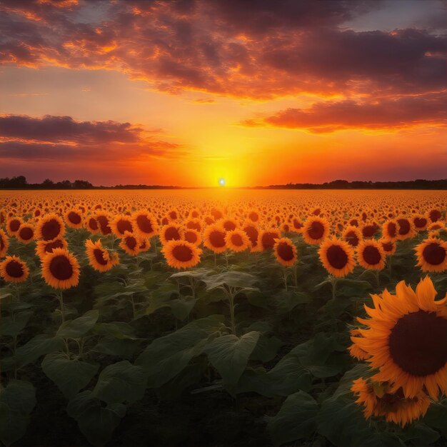 Foto a luz dourada ilumina um campo de girassóis ao pôr-do-sol sobre uma vasta paisagem ondulada