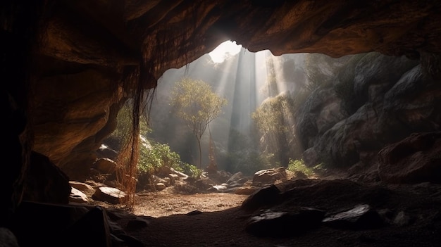 Foto a luz entra na caverna ilustrador de ia gerativa