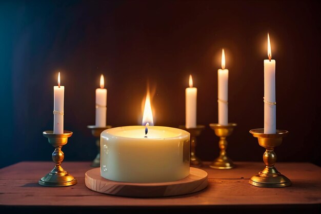 A luz fraca de uma vela acesa é esperança e falta no fundo escuro do papel de parede à luz de velas