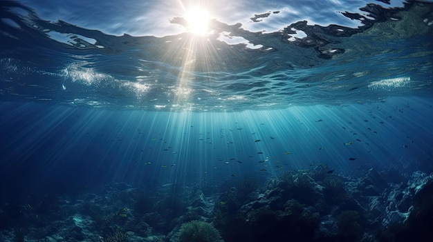 A luz solar azul que ilumina o mar subaquático cria uma impressionante fotografia marinha Generative AI