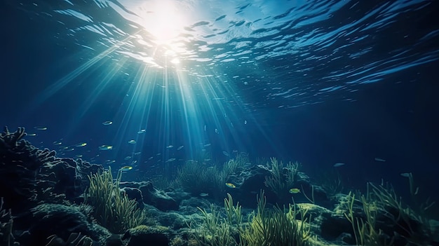 A luz solar azul que ilumina o mar subaquático cria uma impressionante fotografia marinha generative ai