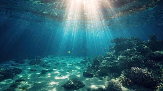 A luz solar azul que ilumina o mar subaquático cria uma impressionante fotografia marinha Generative AI