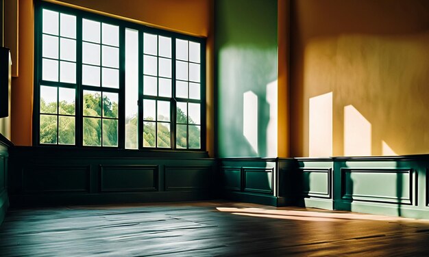 Foto a luz solar brilha através da janela para as paredes da sala, chão, luz natural, fundo de papel de parede