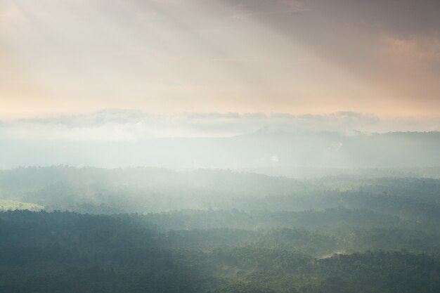 A luz solar brilha através das nuvens nas montanhas e nas florestas.