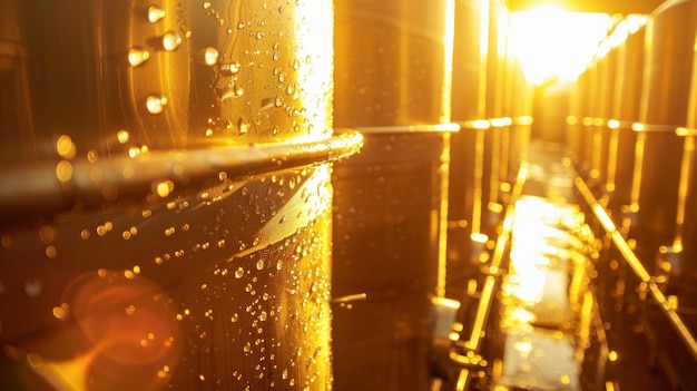 Foto a luz solar brilha sobre o brilhante exterior metálico dos tanques, dando-lhes um brilho quase dourado.