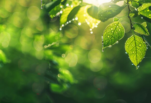 A luz solar filtra através de folhas verdes pontilhadas com gotas de água lançando raios de luz em uma cena de floresta tranquila